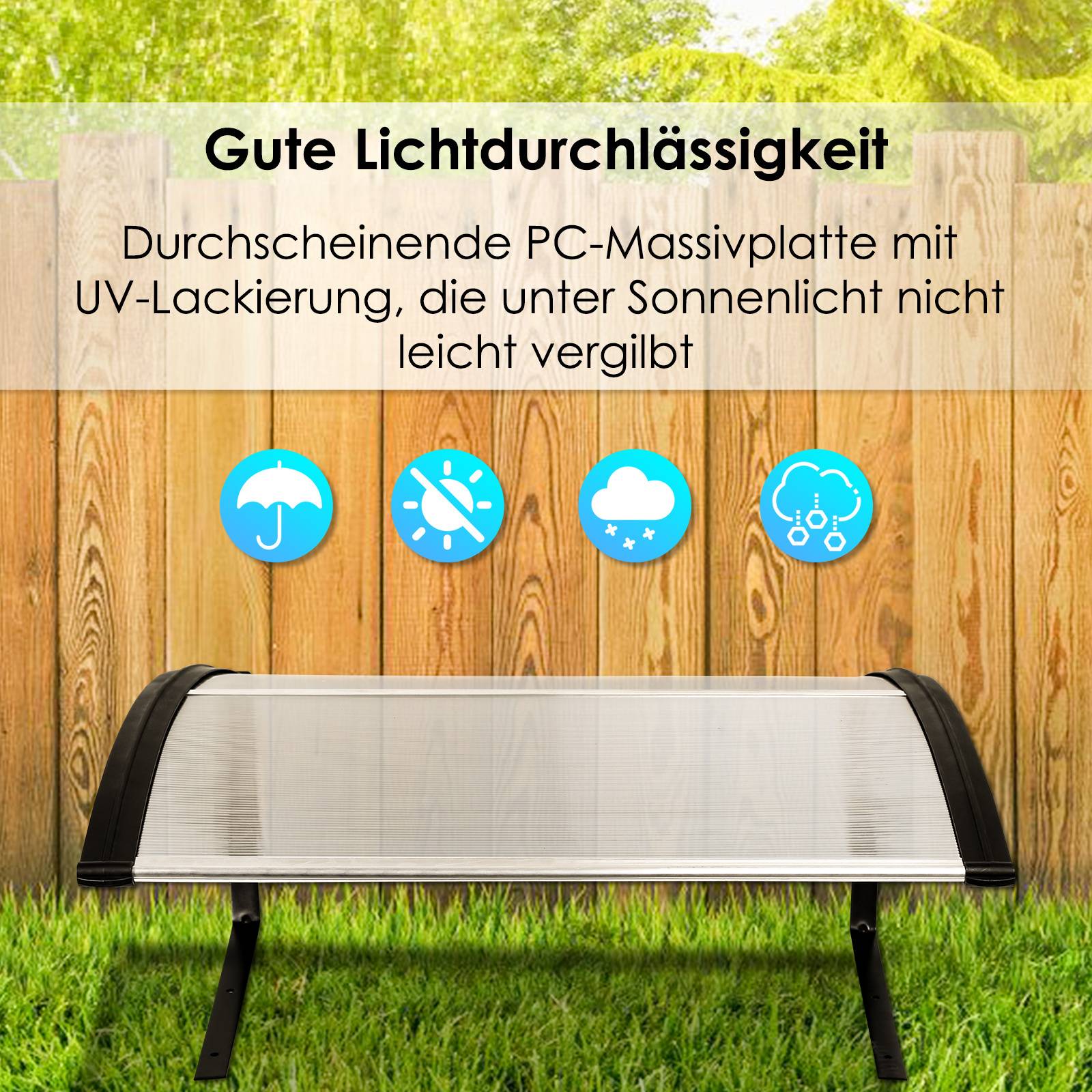 Ein transparentes PC-Vollplattenpanel mit UV-Beschichtung lehnt an einer Holzwand, darunter Symbole für Wasser, Werkzeug, Licht und UV-Schutz.