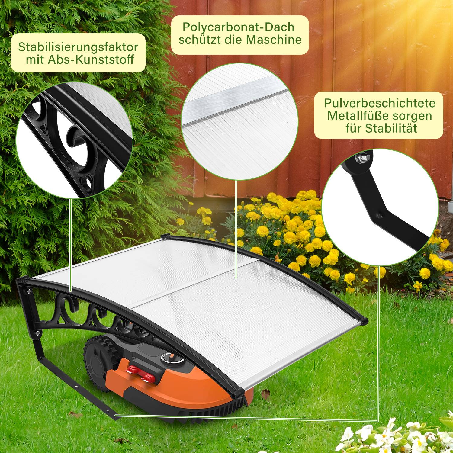 Roboterrasenmäher mit Polycarbonatdach auf Gras neben gelben Blumen und einem Holzzaun. Anmerkungen heben Merkmale wie „ABS-Kunststoff-Stabilisierungsfaktor