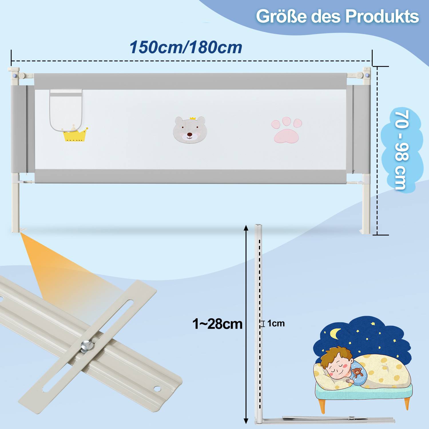 Bettsicherheitsgitter mit verstellbarer Höhe (70-90 cm) und zwei Längenvarianten (150 oder 180 cm). Mit Bärenkopf- und Pfotenmotiv.