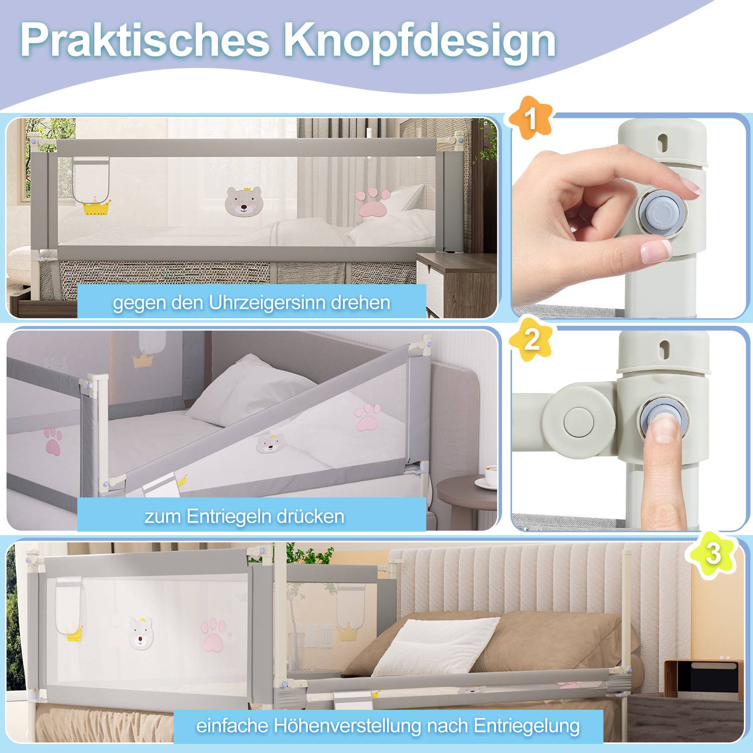 Das Bild zeigt Schritte zur Anpassung einer Bettschutzvorrichtung. Schritt 1: Drehen Sie einen Knopf gegen den Uhrzeigersinn. Schritt 2: Drücken Sie die Taste. Schritt 3: Senken Sie die Schutzvorrichtung zur Höhenverstellung.