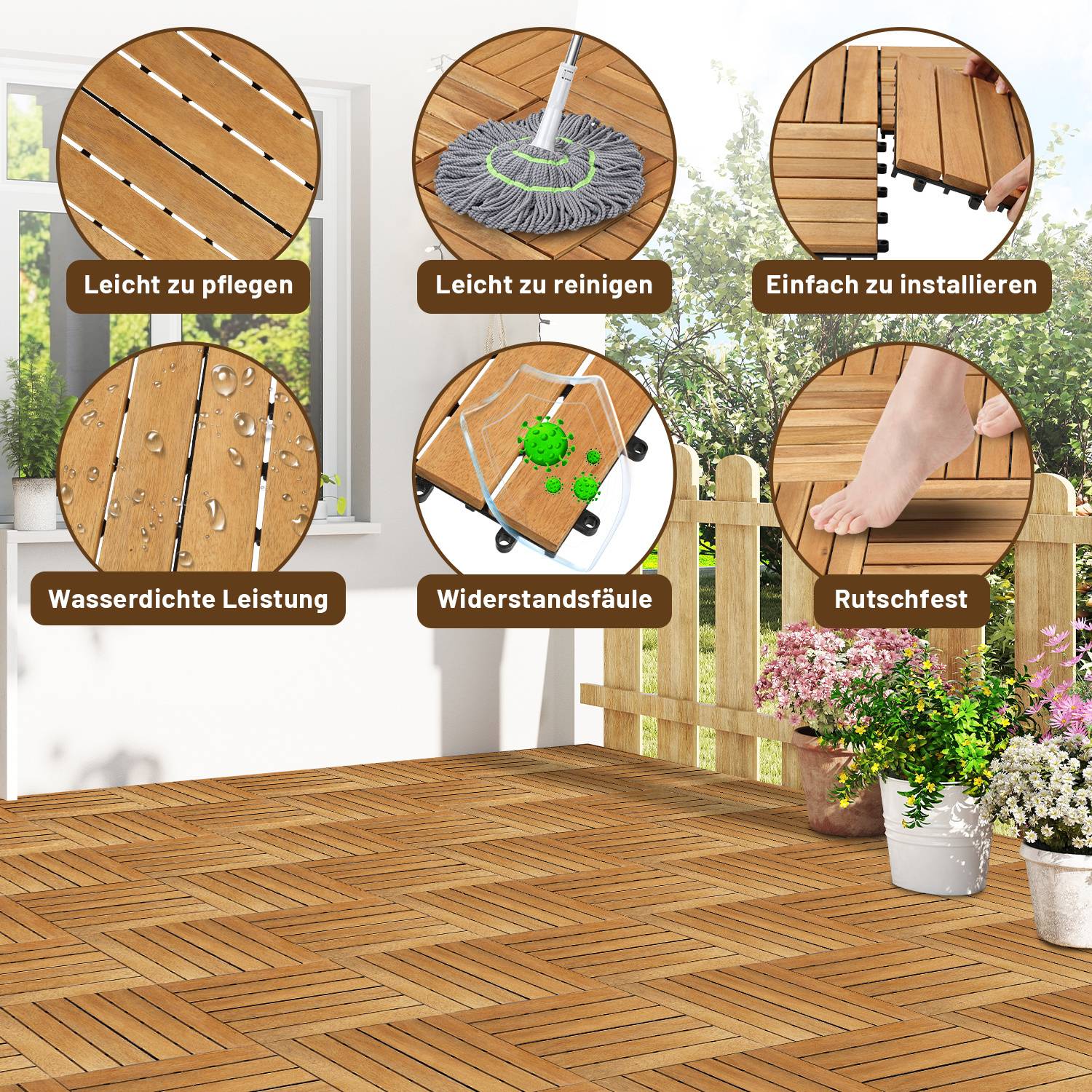 Eine Terrasse mit Holzfliesen, die folgende Vorteile zeigt: „Leicht zu warten