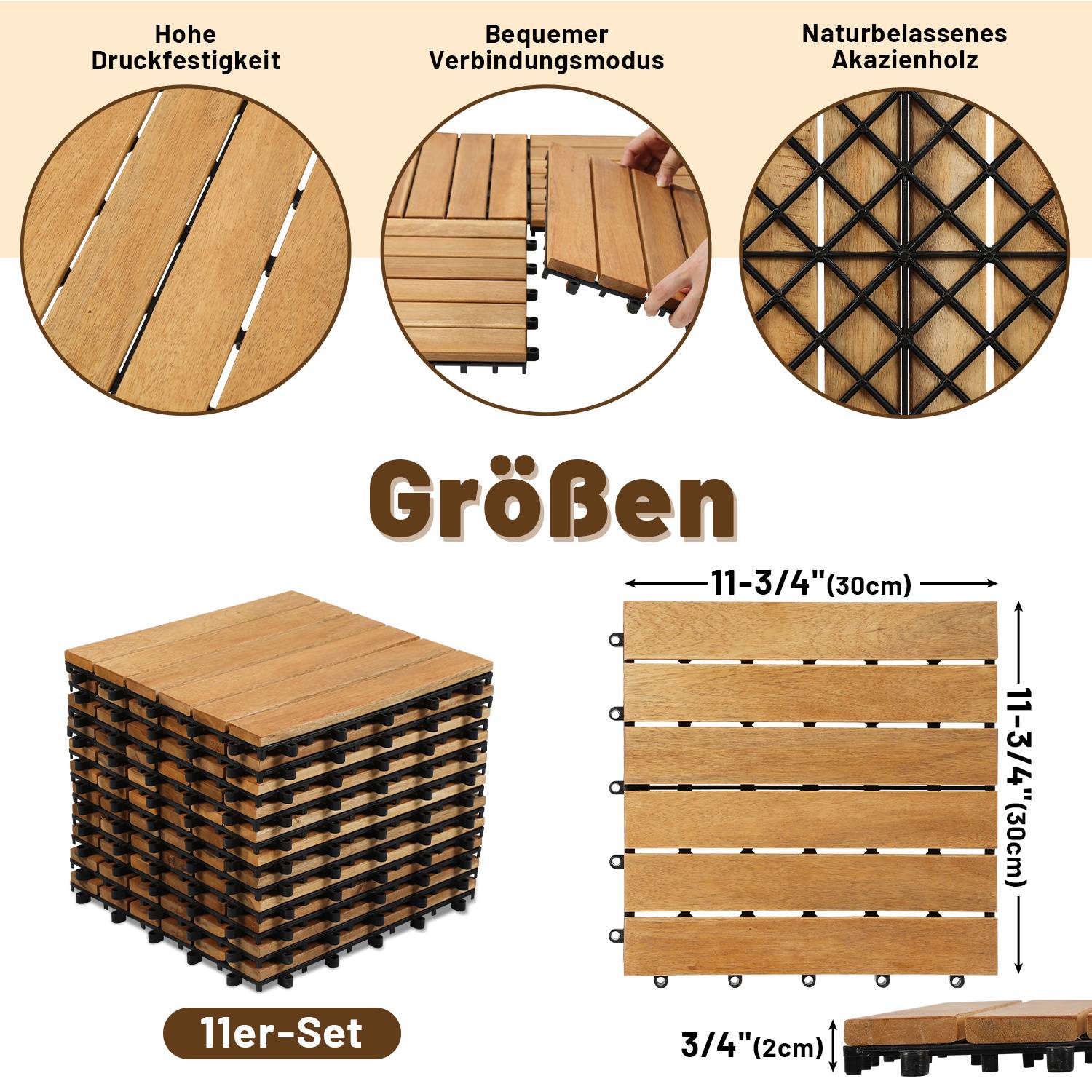 Größen: 11er-Set aus unbehandeltem Akazienholz gefertigter Holzfliesen mit einfacher Verbindung und hoher Druckbeständigkeit. Abmessungen: 11-3/4