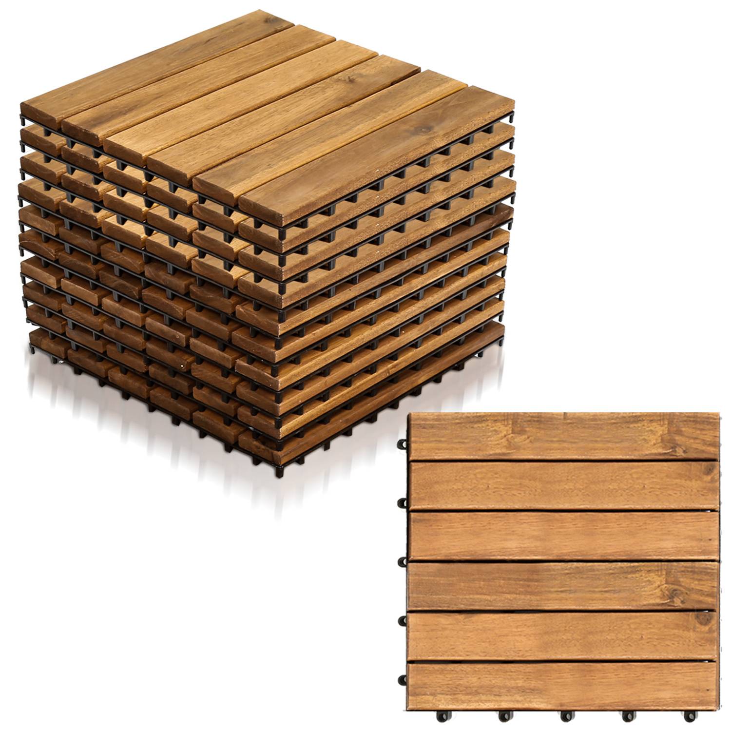 Ein Stapel von Holz-Verschließungsfliesen mit einem Gittermuster. Eine einzelne Fliese wird separat angezeigt und zeigt ihr Design mit Holzlatten.