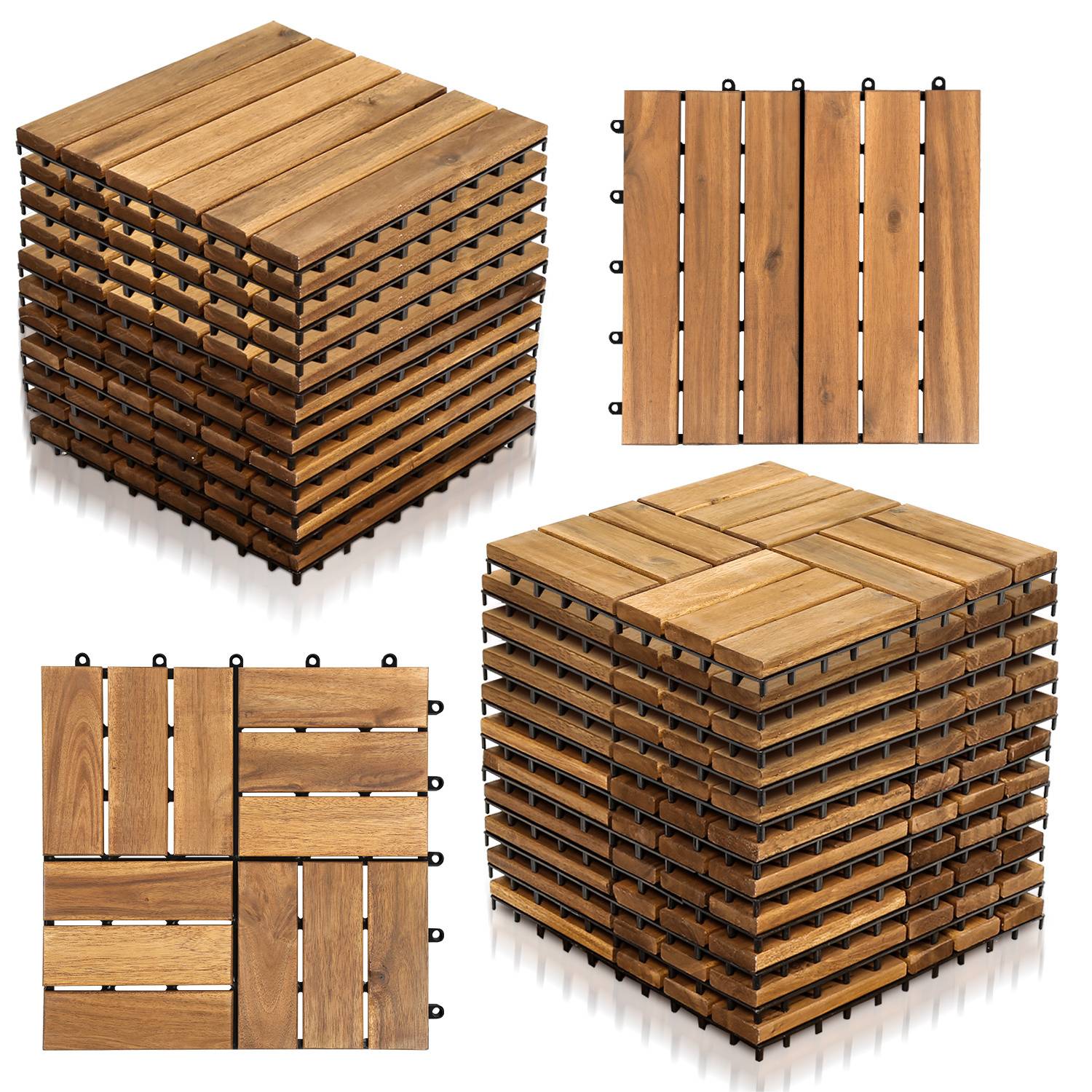 Hölzerne Verschlussdeckfliesen, die in verschiedenen Stapel- und Layoutkonfigurationen gezeigt werden und ihr Design und ihre vielseitige Montage hervorheben.