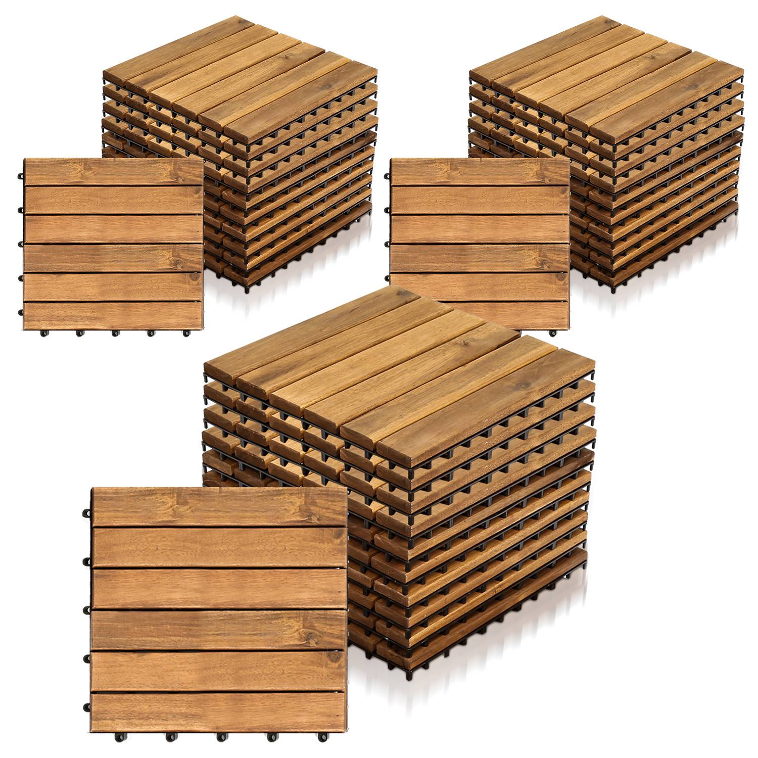 Fünf Stapel verschachtelter Holzfliesen, jede mit glatter, lamellierter Ausführung, geeignet für Außenbelagsflächen.
