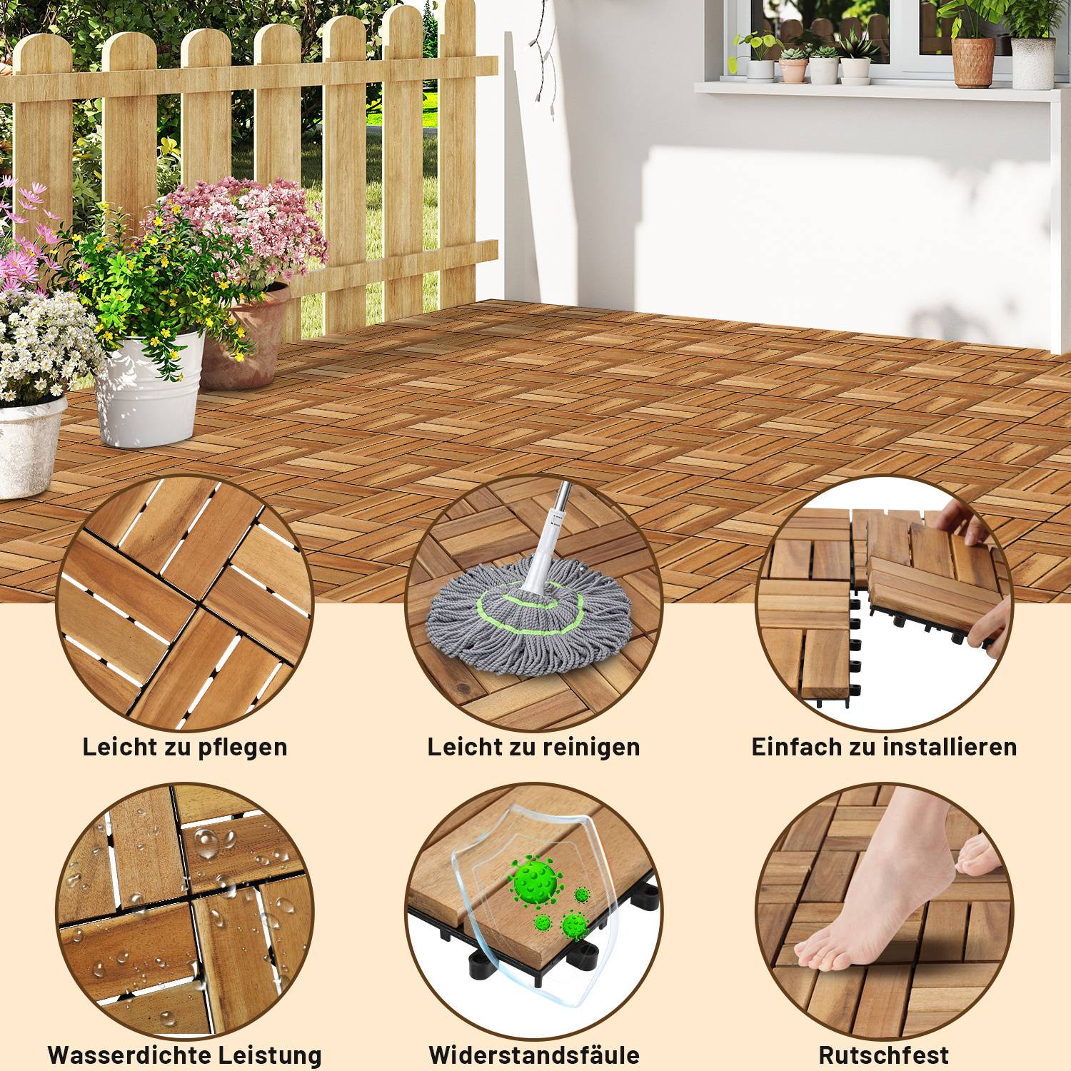 Holzterrasse mit Lattenzaun und Pflanzen. Einschübe zeigen Merkmale: einfache Wartung, Reinigung, Installation, Wasserdichtigkeit, Haltbarkeit und Rutschfestigkeit.