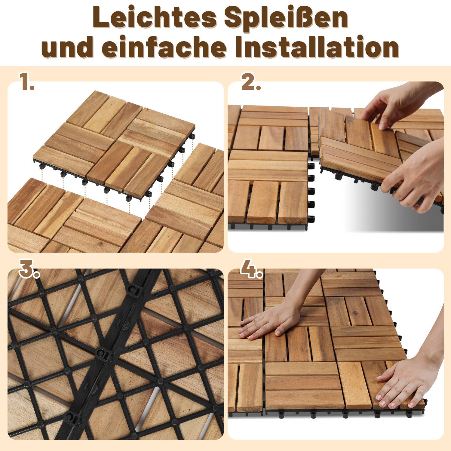 Einfaches Spleißen und leichte Installation mit vier Schritten: 1. Holzfliesen ausrichten. 2. Fliesen durch Einrasten verbinden. 3. Unterseiten sichern. 4. Fertigstellung mit allen verbundenen Fliesen.