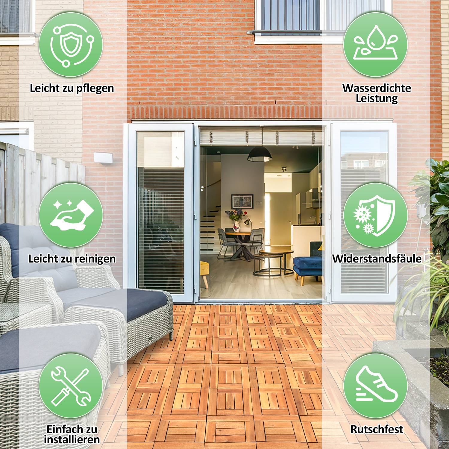 Eine offene Terrassenansicht mit Symbolen, die Merkmale wie 