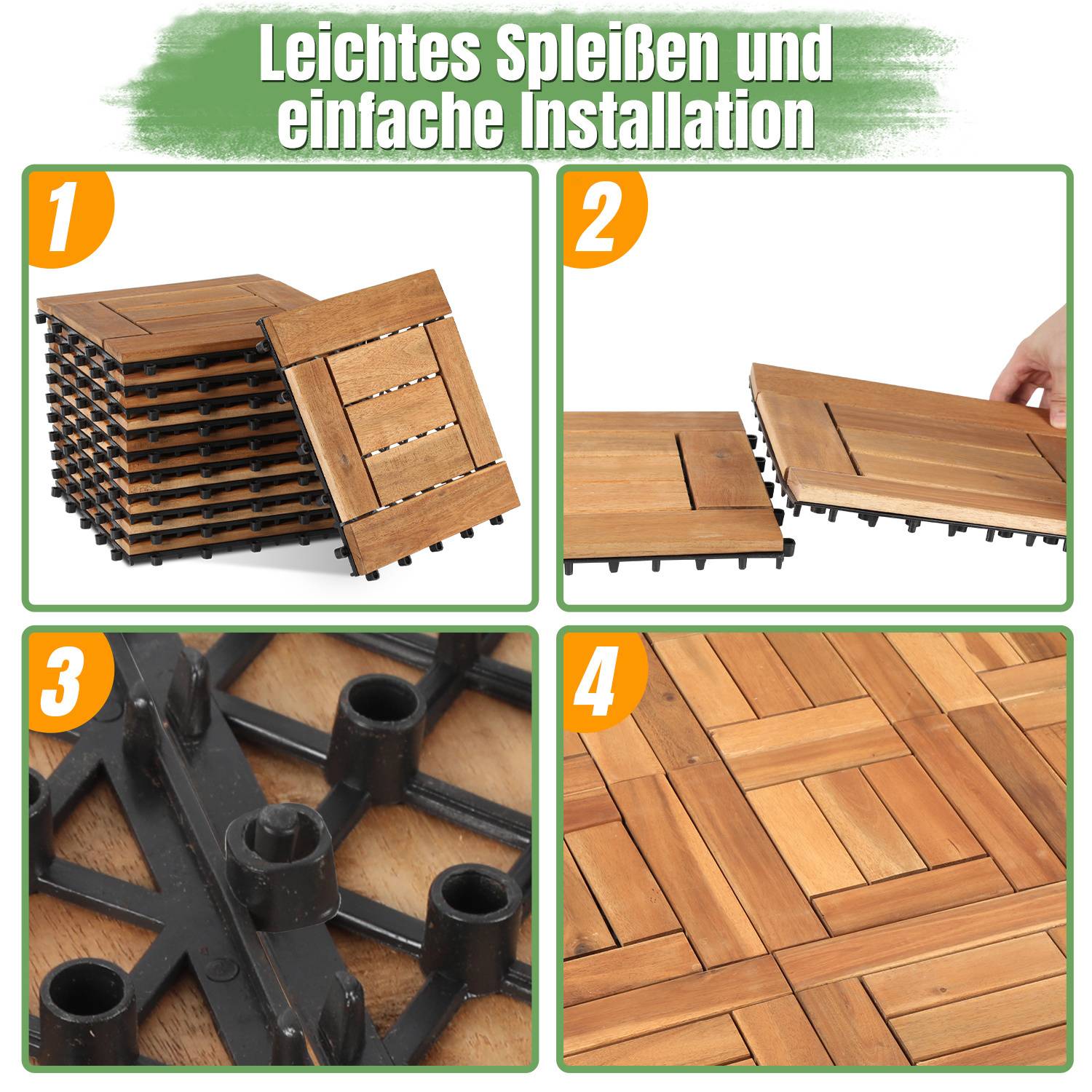 Einfaches Spleißen und unkomplizierte Installation.' Vierschrittanleitung zum Zusammenbau von verschlungenen Holzfliesen: 1. Gestapelte Fliesen, 2. Passende Fliesen, 3. Detailaufnahme der Fliesenbasis, 4. Fertiges Muster.