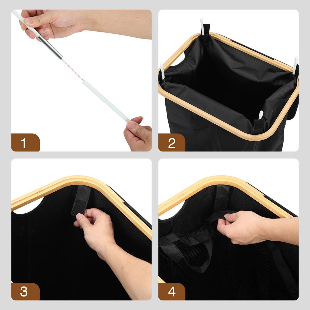 Vierstufige Montage eines schwarzen Wäschekorbs mit Holzrahmen. Die Schritte zeigen das Einsetzen von Stäben, das Befestigen des schwarzen Beutels und das Anbringen von Griffen.