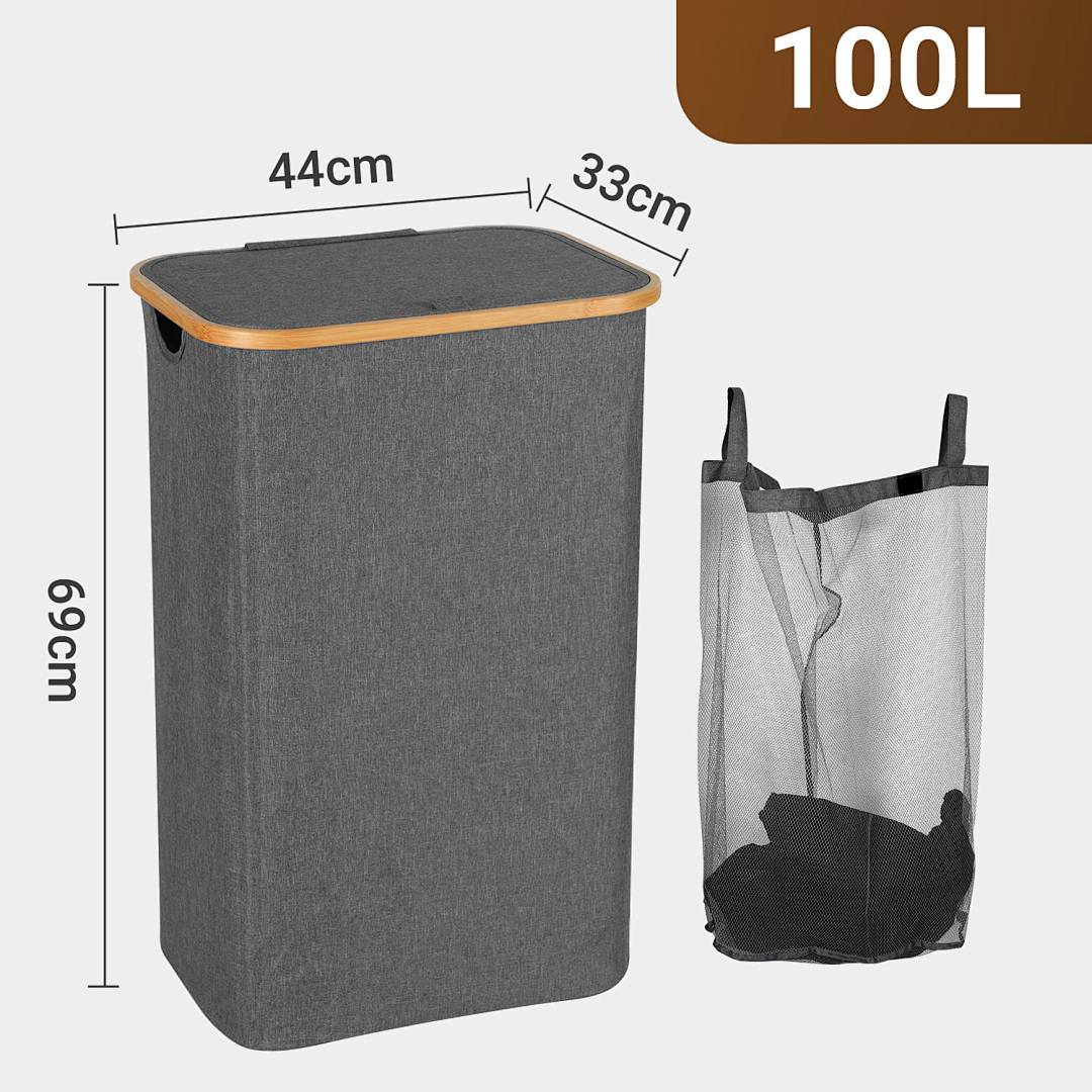 Grauer rechteckiger Wäschekorb mit abnehmbarem Netzfutter. Abmessungen sind 44cm x 33cm x 69cm. Fassungsvermögen mit 100L gekennzeichnet.