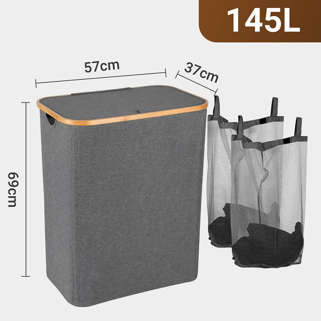 145L Wäschekorb: Grau, 57cm x 37cm x 69cm, mit Mesh-Trennung und Fachaufteilung.