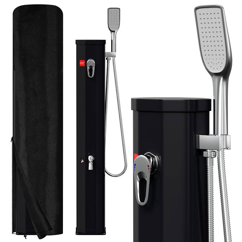 Schwarze Außen-Solardusche mit elegantem Design, mit schlankem zylindrischem Gehäuse, abnehmbarem Duschkopf und Wasserthermostat-Regelknopf.