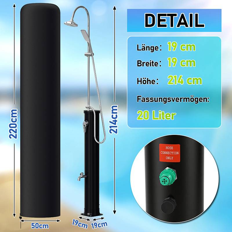 Schwarze Außensolardusche mit Abmessungen: Höhe 220 cm, Breite 50 cm. Detailbox: Höhe 214 cm, Breite 19 cm, Fassungsvermögen 20 Liter.