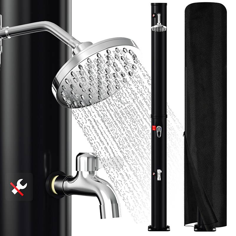 Tragbare Solardusche im Freien mit großem Duschkopf und verstellbarem Wasserhahn. Inkl. Installationsset und schwarzer Abdeckung.