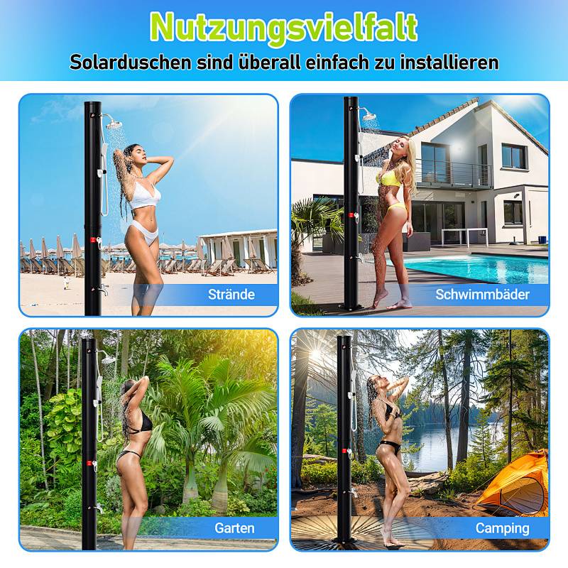 Vielseitige Verwendung: Solarduschgeräte können überall einfach installiert werden. Bilder zeigen die Verwendung an Stränden, Swimmingpools, in Gärten und auf Campingplätzen.