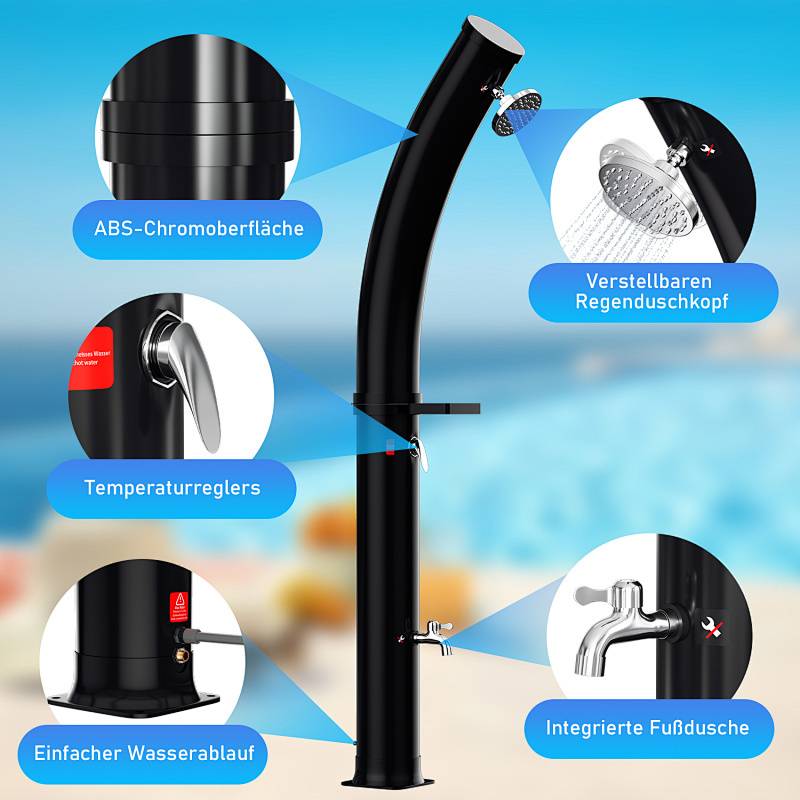 Außendusche mit ABS-Chromoberfläche, verstellbarer Regenduschkopf, Temperaturregler, Fußdusche, einfache Wasserdurchflussregelung.