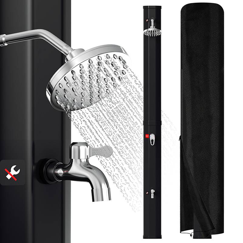 Außenduschpaneel mit verstellbarem Duschkopf und separatem Wasserhahn, mit schwarzem Paneldesign. Inklusive Werkzeugsymbol für die Installation.