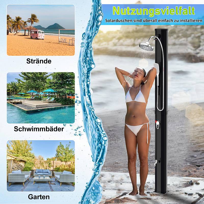 Eine Frau benutzt eine Außendusche an einem sonnigen Tag. Seitenaufnahmen zeigen Strand-, Pool- und Gartenumgebungen, die vielfältige Installationsmöglichkeiten hervorheben. Der Text auf Deutsch erwähnt die Nutzung von Solardusch.