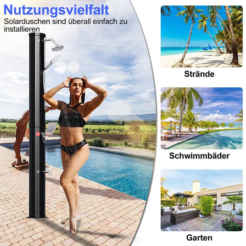 Eine Frau benutzt eine tragbare Solardusche neben einem Pool, was die Vielseitigkeit für die Verwendung an Stränden, Pools und in Gärten zeigt.