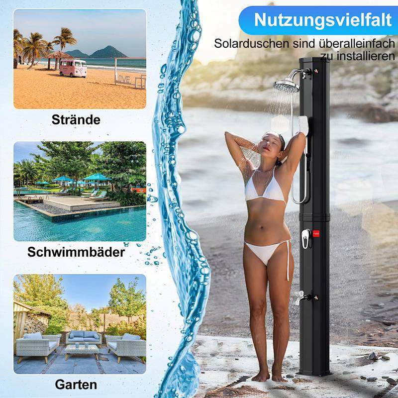 # Frau duscht im Freien mit einer Solardusche. Einfügungen zeigen verschiedene Umgebungen wie Strände, Pools und Gärten. Deutscher Text hebt die Vielseitigkeit hervor.