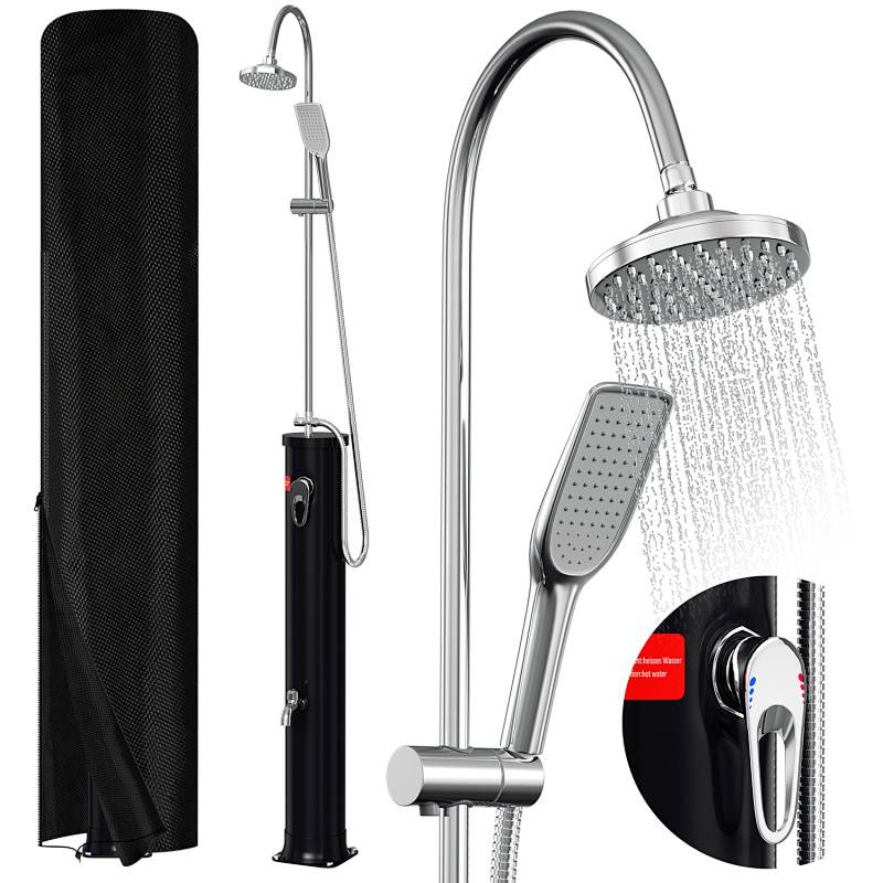 Outdoor-Solardusche mit abnehmbarem tragbarem Duschkopf, verstellbarer Temperaturregelung und elegantem schwarzem Design.