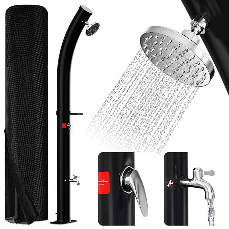 Outdoor-Solardusch-Set mit schwarzem geschwungenem Aufstelldesign, großem verstellbarem Duschkopf und separatem Wasserhahn. Inklusive Aufbewahrungstasche.