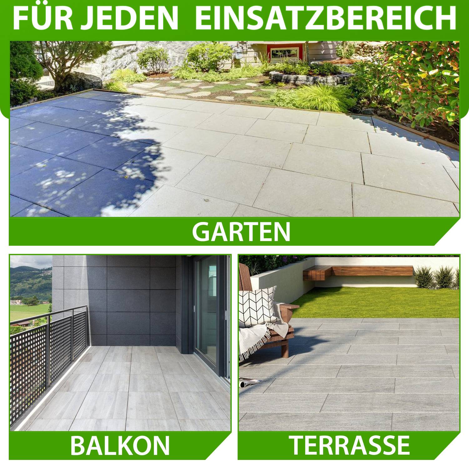 Das Bild zeigt drei geflieste Außenbereiche mit den Bezeichnungen „Garten