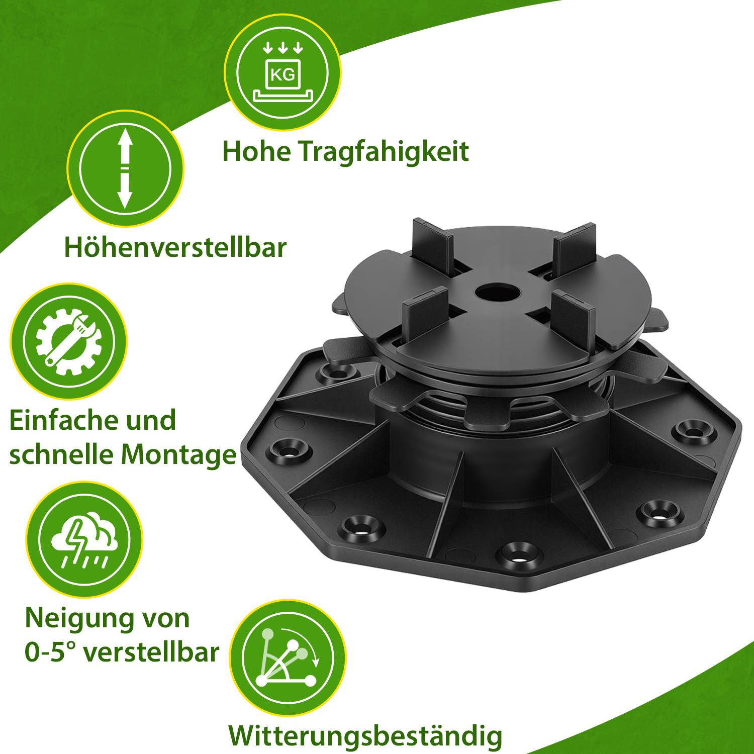 Ein verstellbares, wetterfestes Stützpodest mit hoher Tragfähigkeit für schnelle Installation und einer Neigung von 0-5°.