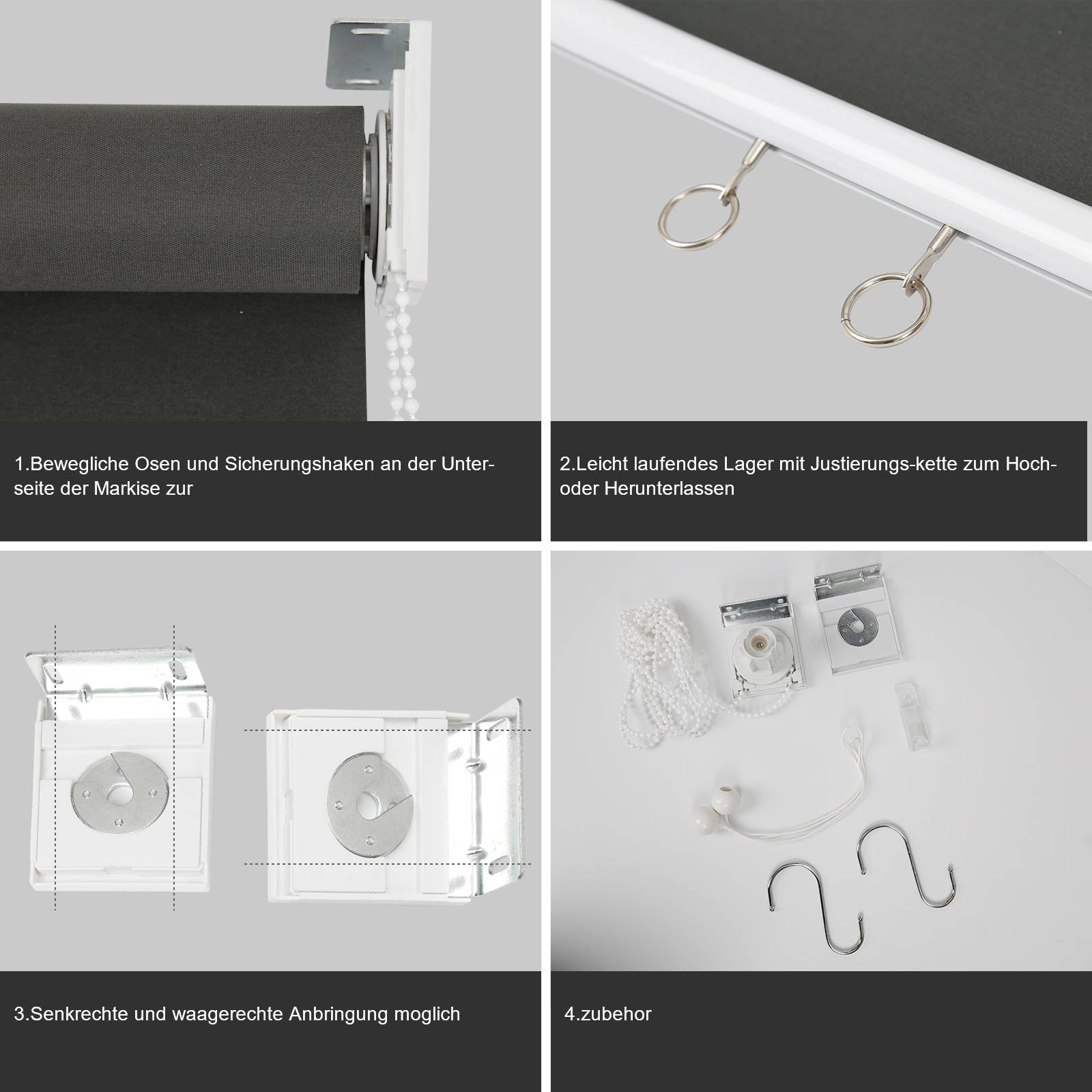 „Vier Bilder zeigen Fensterjalousien-Komponenten und Anweisungen. Umfasst verstellbare Haken, Kettenspeicher, Befestigungsmethoden und Zubehör.
