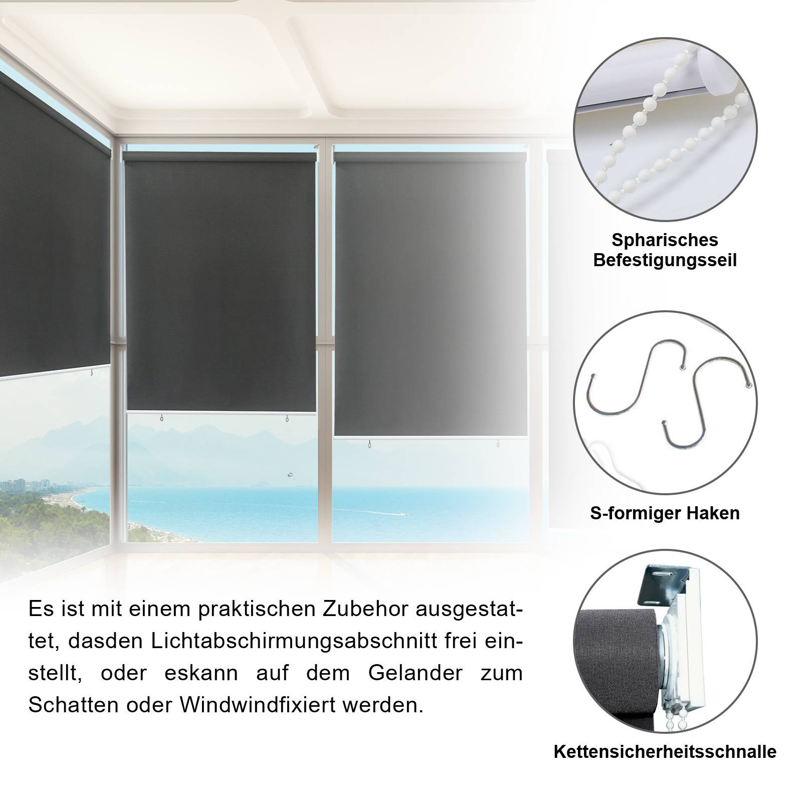 Rollos mit Meeresblick-Fensterabdeckung. Ausschnitte zeigen Komponenten: kugelförmige Kette, S-förmiger Haken und Kettensicherheitsverschluss. Der deutsche Text behandelt Rollobesatz.