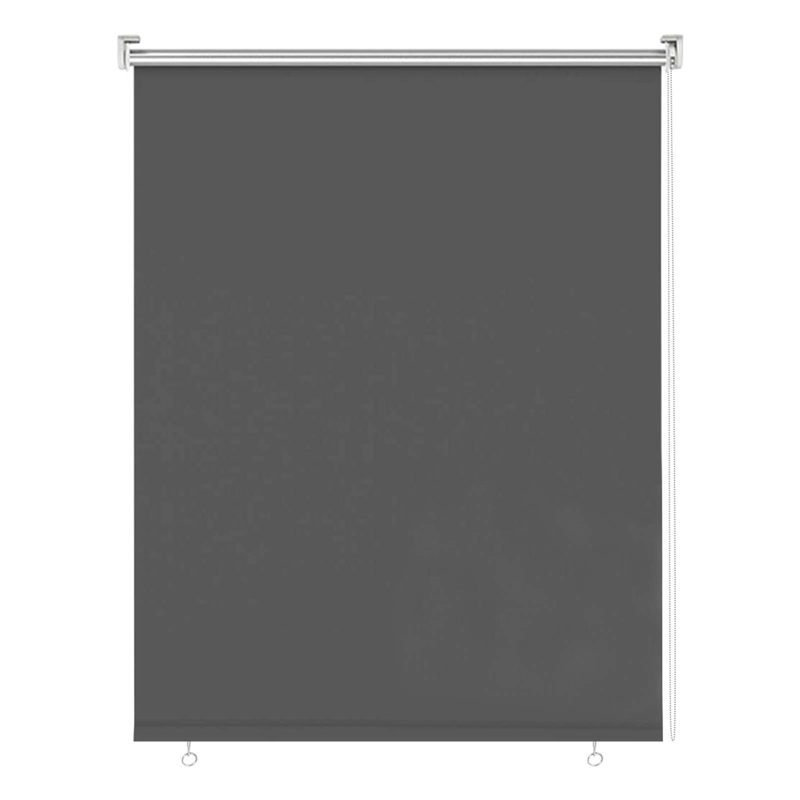 Dunkelgraues Fenster-Rollorollo mit Metallschiene oben und Zugseilen unten.
