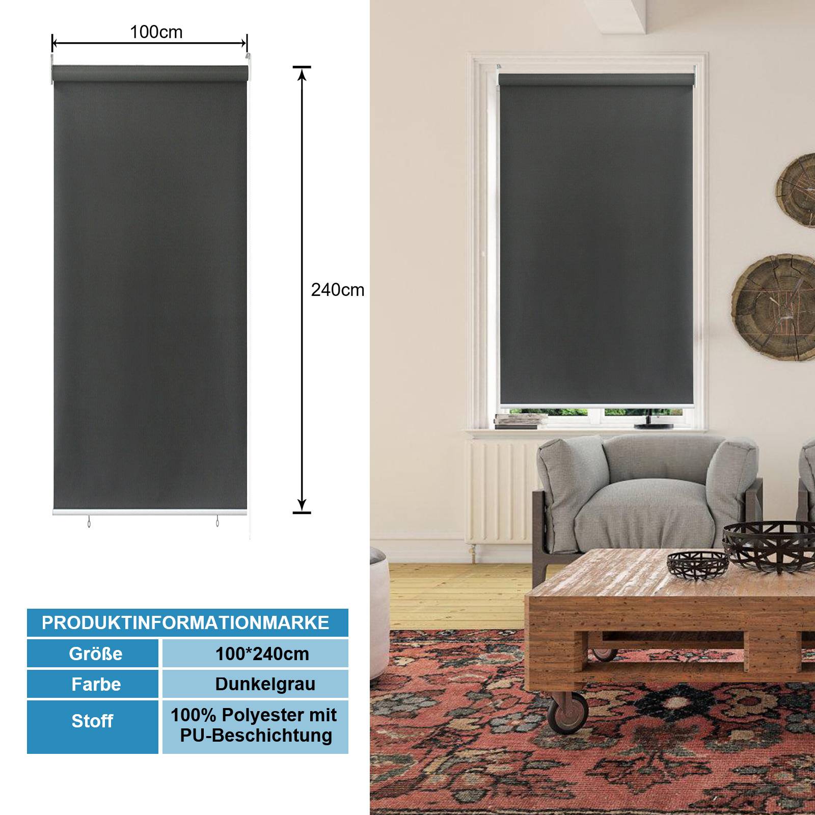 Dunkelgraue Rollo in einem Wohnzimmer, das ein Fenster teilweise verdeckt. Produktabmessungen: 100 x 240 cm, hergestellt aus Polyester mit PU-Beschichtung.