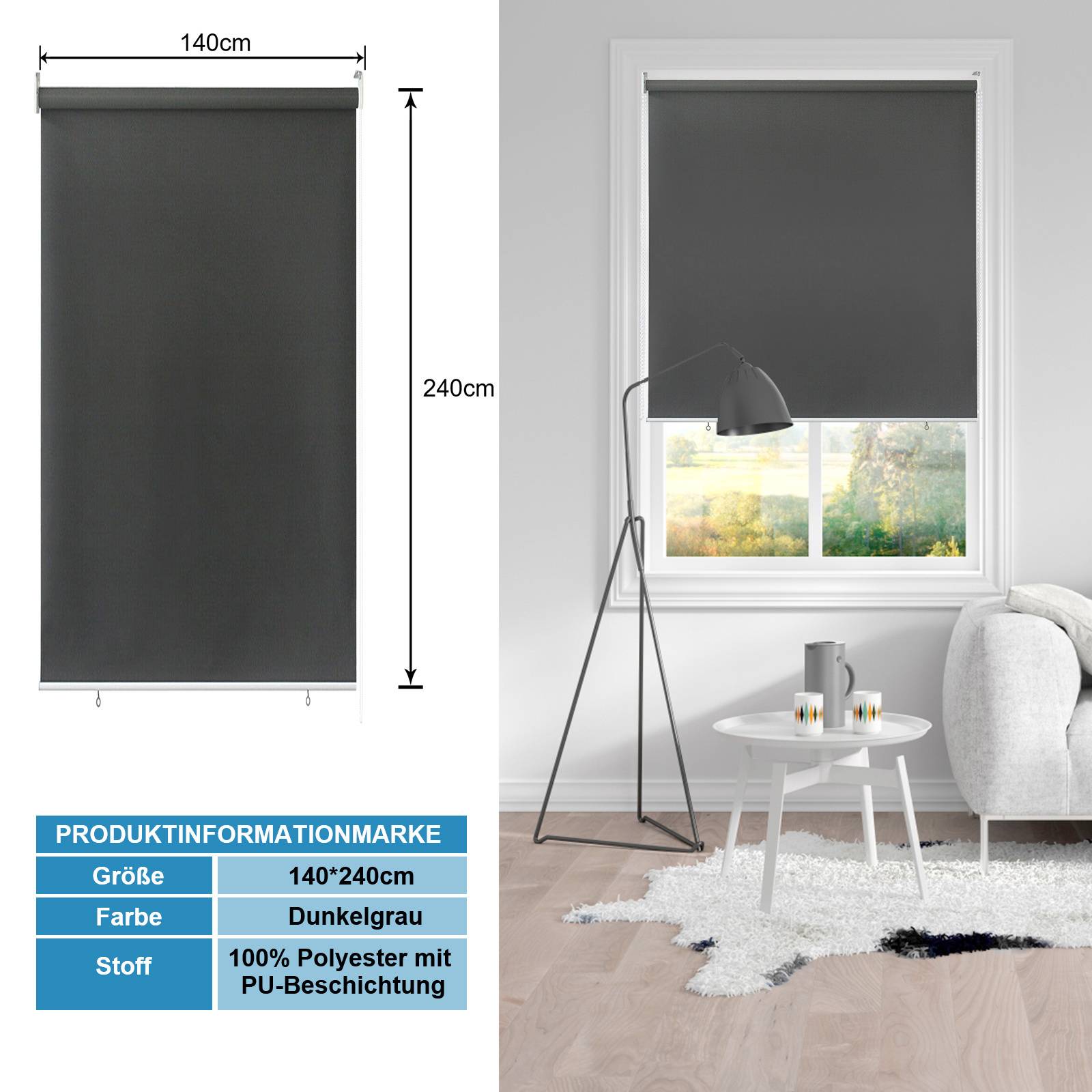 Rollorollo mit den Maßen 140x240cm in einer Wohnzimmereinrichtung mit grauer Farbe, dargestellt neben einem Fenster. Material: 100% Polyester mit PU-Beschichtung.