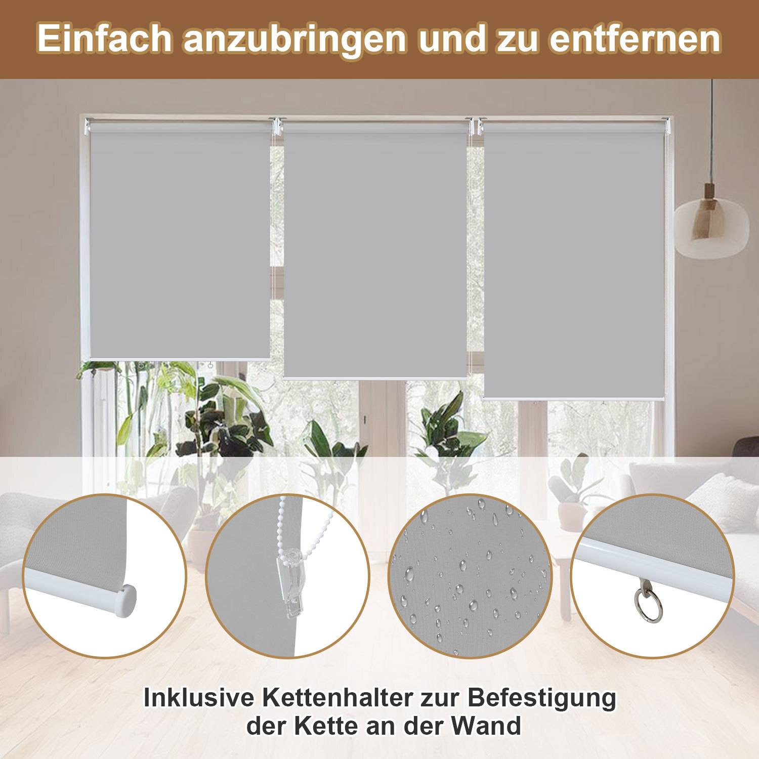 Drei beige Rollos, die große Fenster abdecken, mit der Aufschrift 