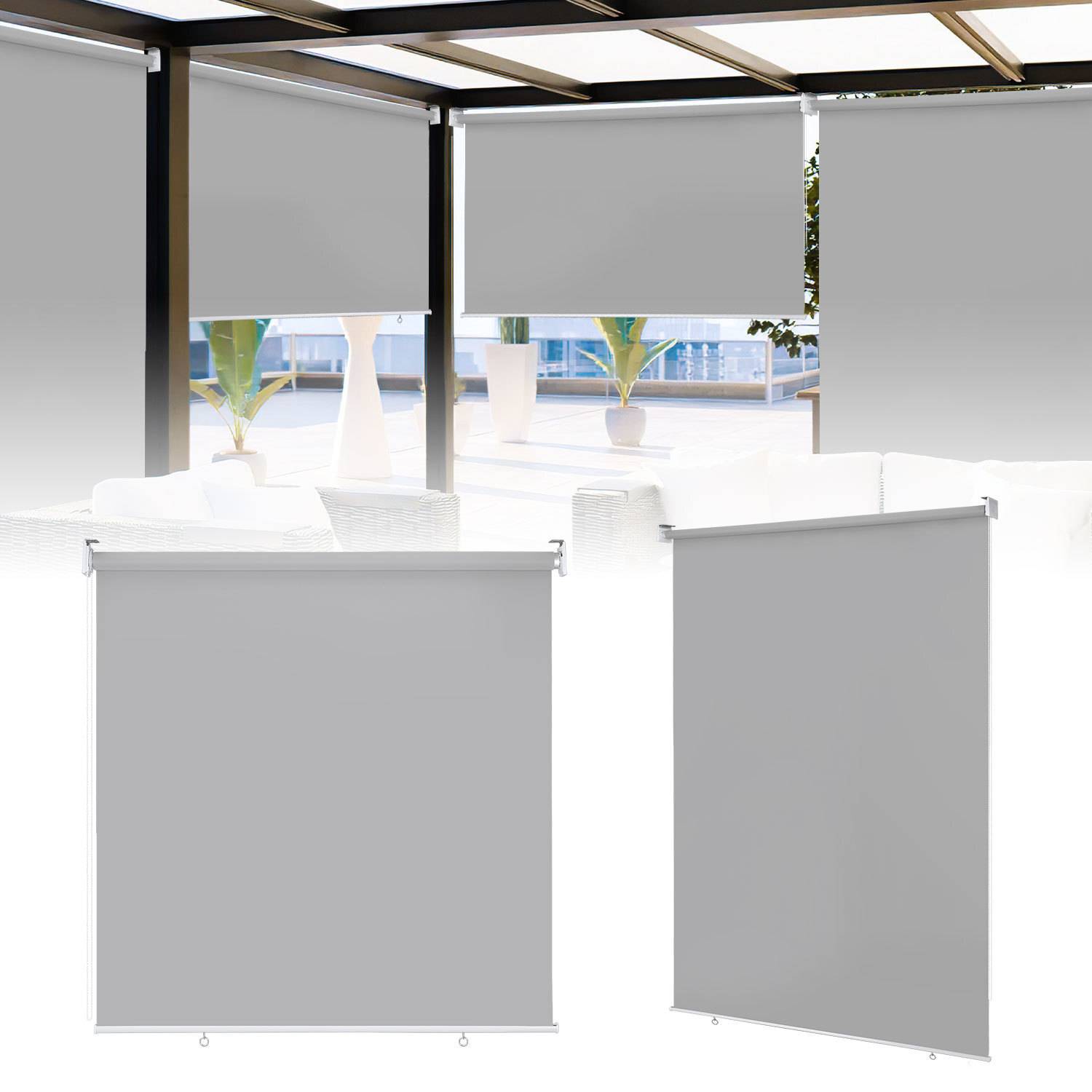 Einziehbare Außenschattierungen in einem Terrassenbereich, die Schatten und Privatsphäre bieten. Pflanzen und Möbel sind im Hintergrund sichtbar.