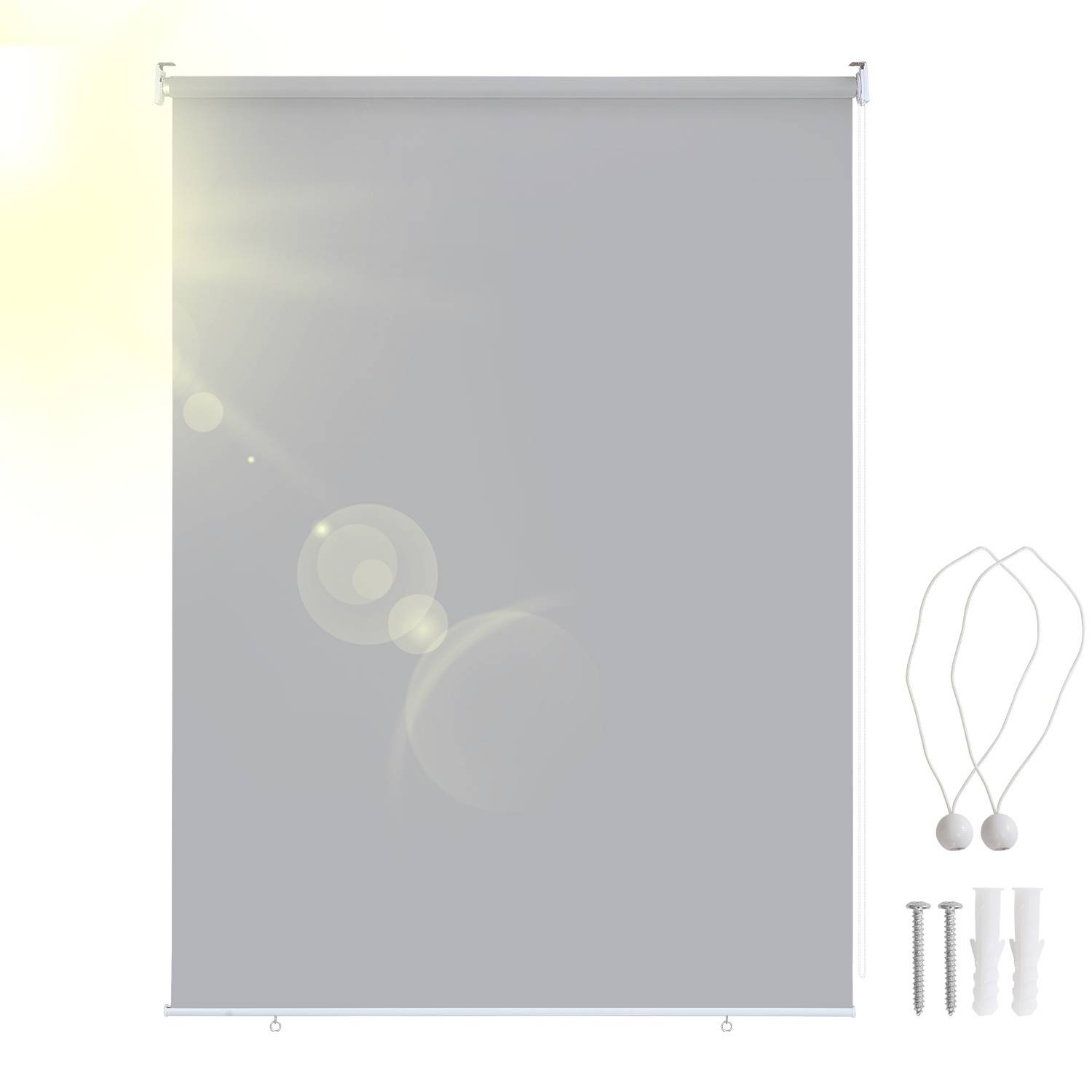 Graue Rolljalousie mit Montagezubehör auf der rechten Seite; Sonnenlichteffekte auf der linken Seite deuten auf eine Sonnenschutzfunktion hin.