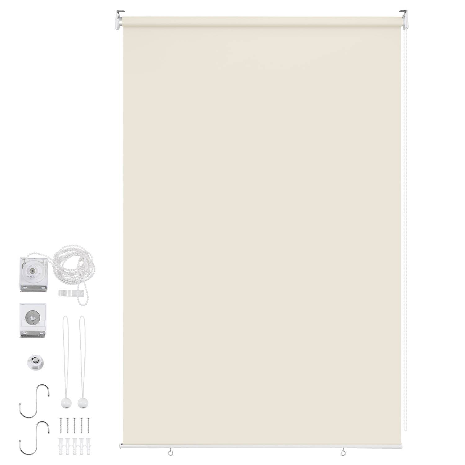 Eine beige Rollo mit Installationszubehör einschließlich Halterungen, Schrauben und einem Seilsystem, das auf der Seite angezeigt wird.
