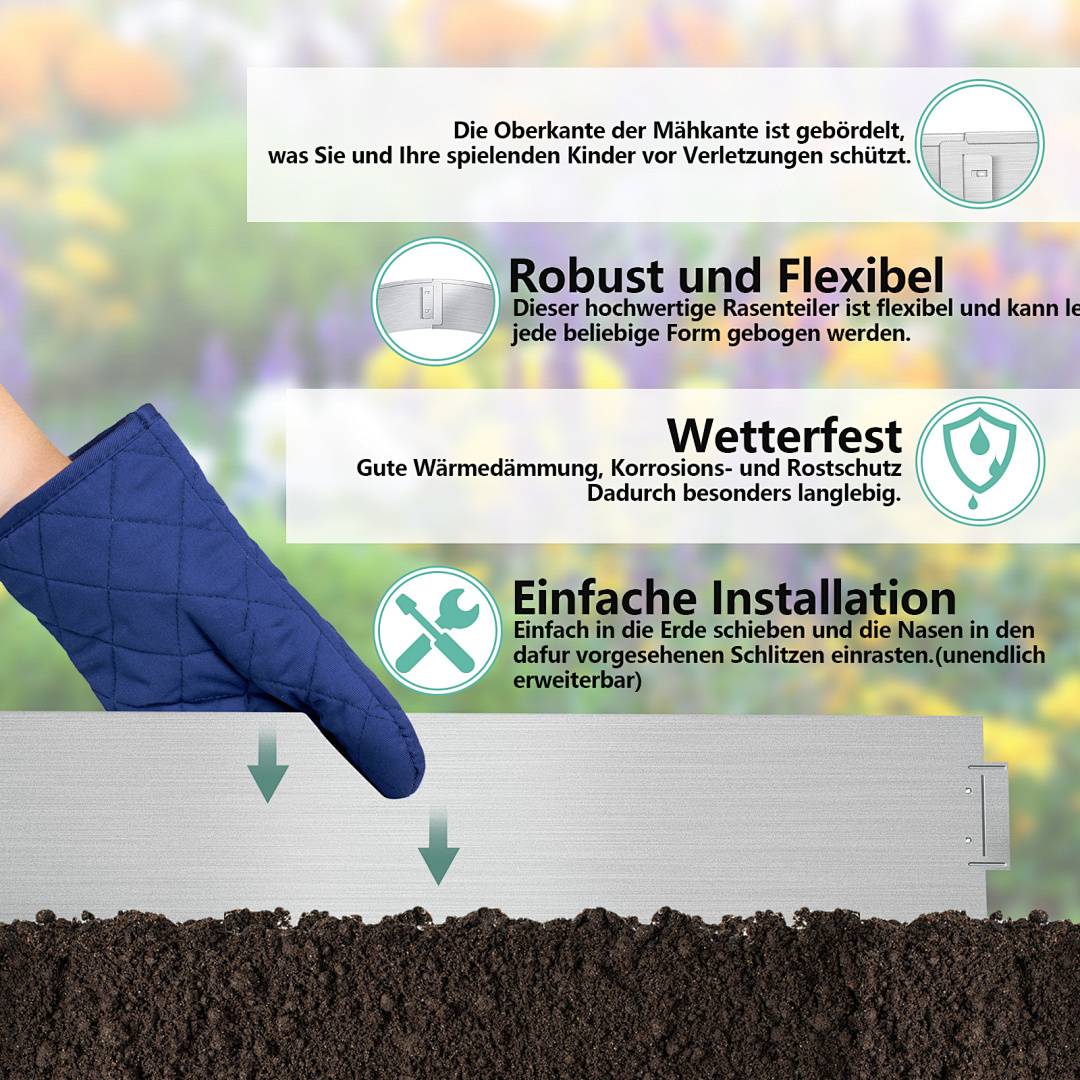 Ein blauer Ofenhandschuh hält eine graue Metallkante mit grünen Pfeilen, die zeigen, wie diese in den Boden eingebaut wird. Symbole heben die Eigenschaften Langlebigkeit und Flexibilität hervor.