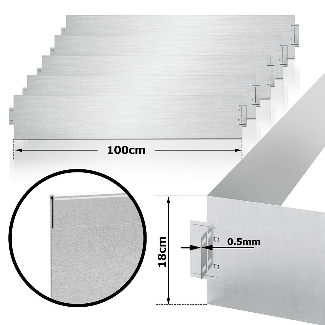 Metallische Landschaftseinfassungsteile sind abgebildet; jedes ist 100 cm lang, 18 cm hoch und 0,5 mm dick. Die Nahaufnahme zeigt das Verbindungsdetail.