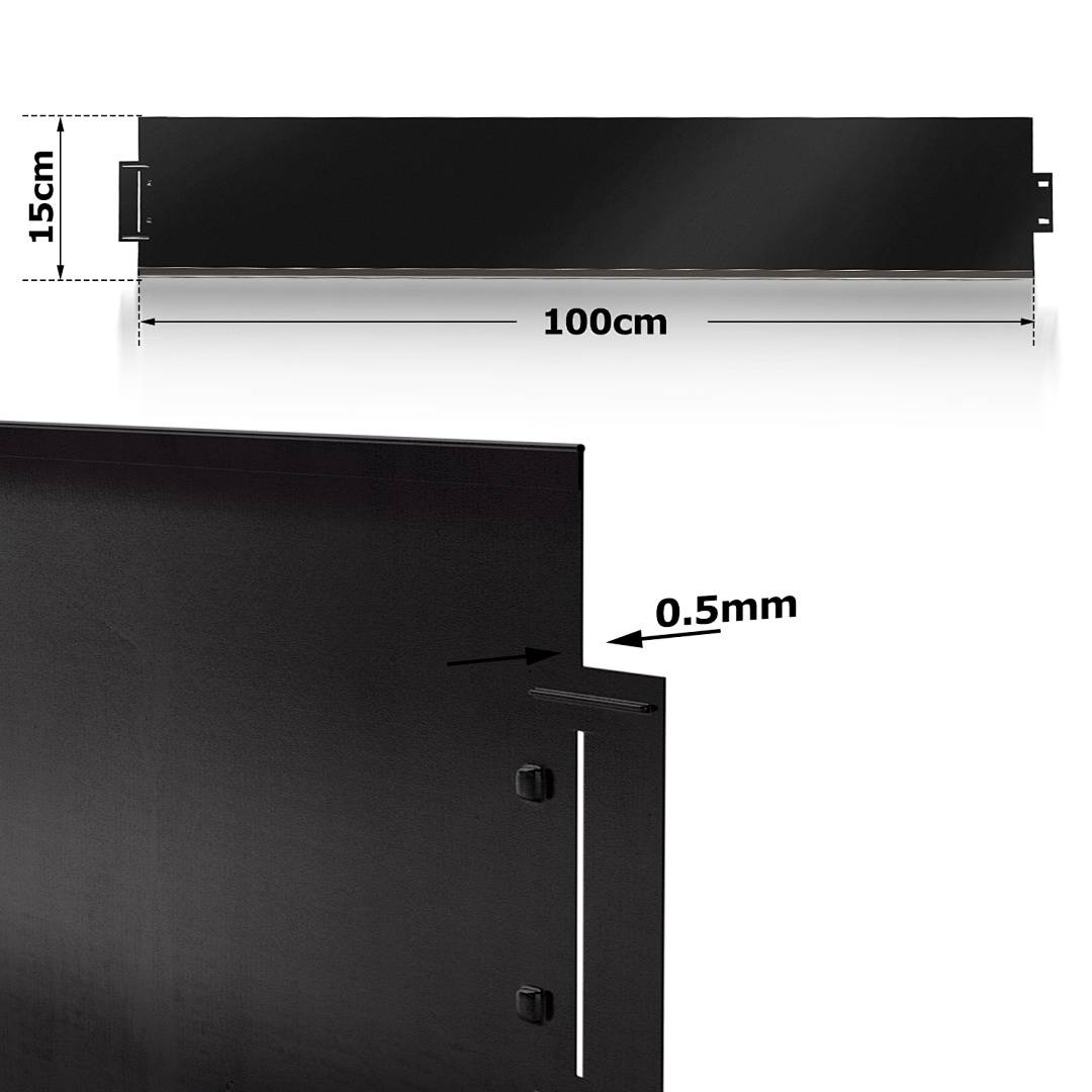 Ein schwarzes Metallregal mit gekennzeichneten Abmessungen: 100 cm breit, 15 cm hoch und 0,5 mm dick.