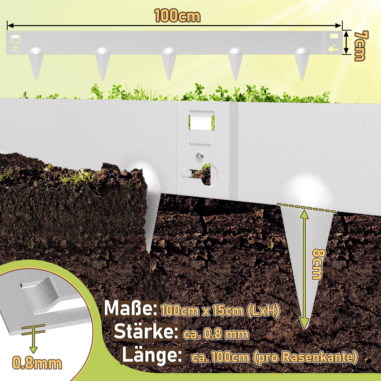 „Diagramm zeigt Erdspitz in 8 cm Tiefe für Gartenbegrenzungseinfassung. Abmessungen: 100 cm x 15 cm, Spitzen 7 cm hoch. Länge: ca. 100 cm.