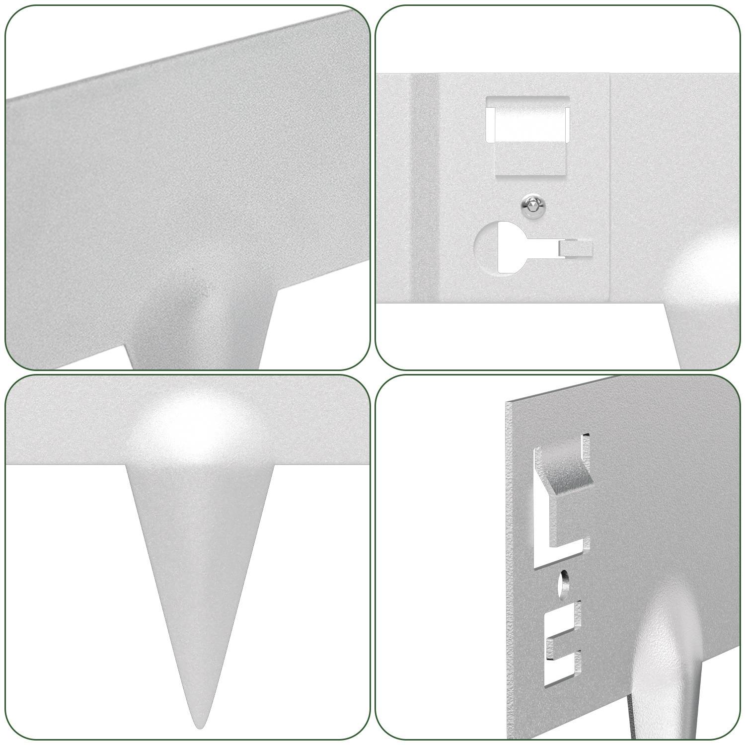 Vier Bilder eines Kunststoff-Kantenschutzes mit dreieckiger Eckenschutzvorrichtung, Klebstreifen und Kabelführungsschlitzen.