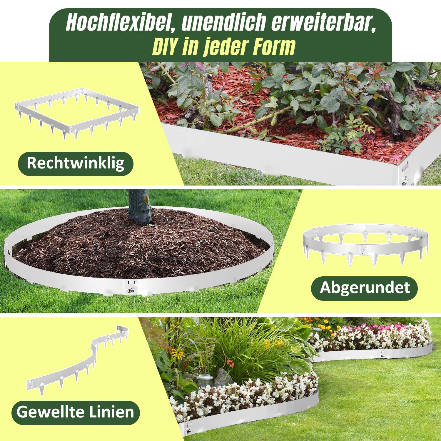 Das Bild zeigt verschiedene Gartenrasendesigns: rechteckige, abgerundete und wellige Linien, die Flexibilität und Erweiterbarkeit betonen.