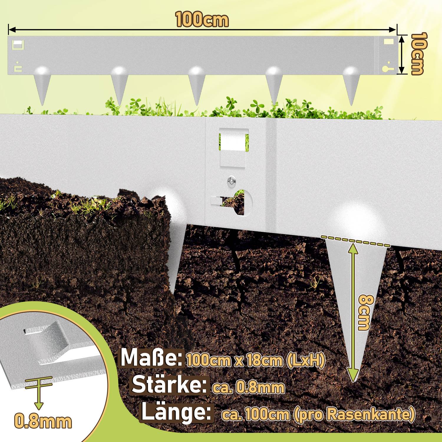 Metallische Rasenkante mit Pfählen dargestellt, 100 cm (Länge) x 10 cm (Höhe) insgesamt, und Pfähle sind 8 cm tief für die Bodenverankerung.