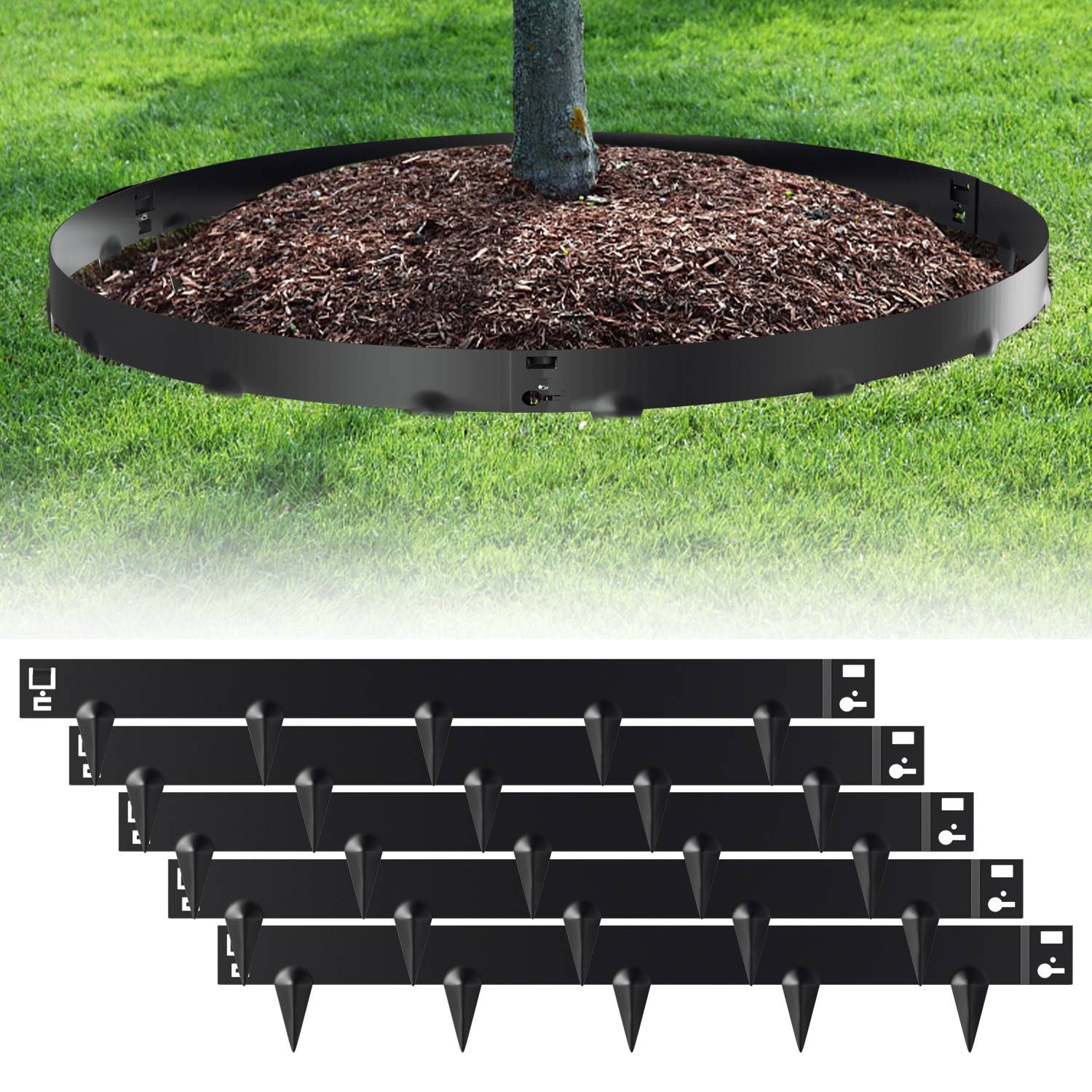Ein rundes Baumkanten-Umrandungselement umgibt einen in Mulch gepflanzten Baum, mit zusätzlichen Umrandungsstücken, die unterhalb des Hauptbildes gezeigt werden.