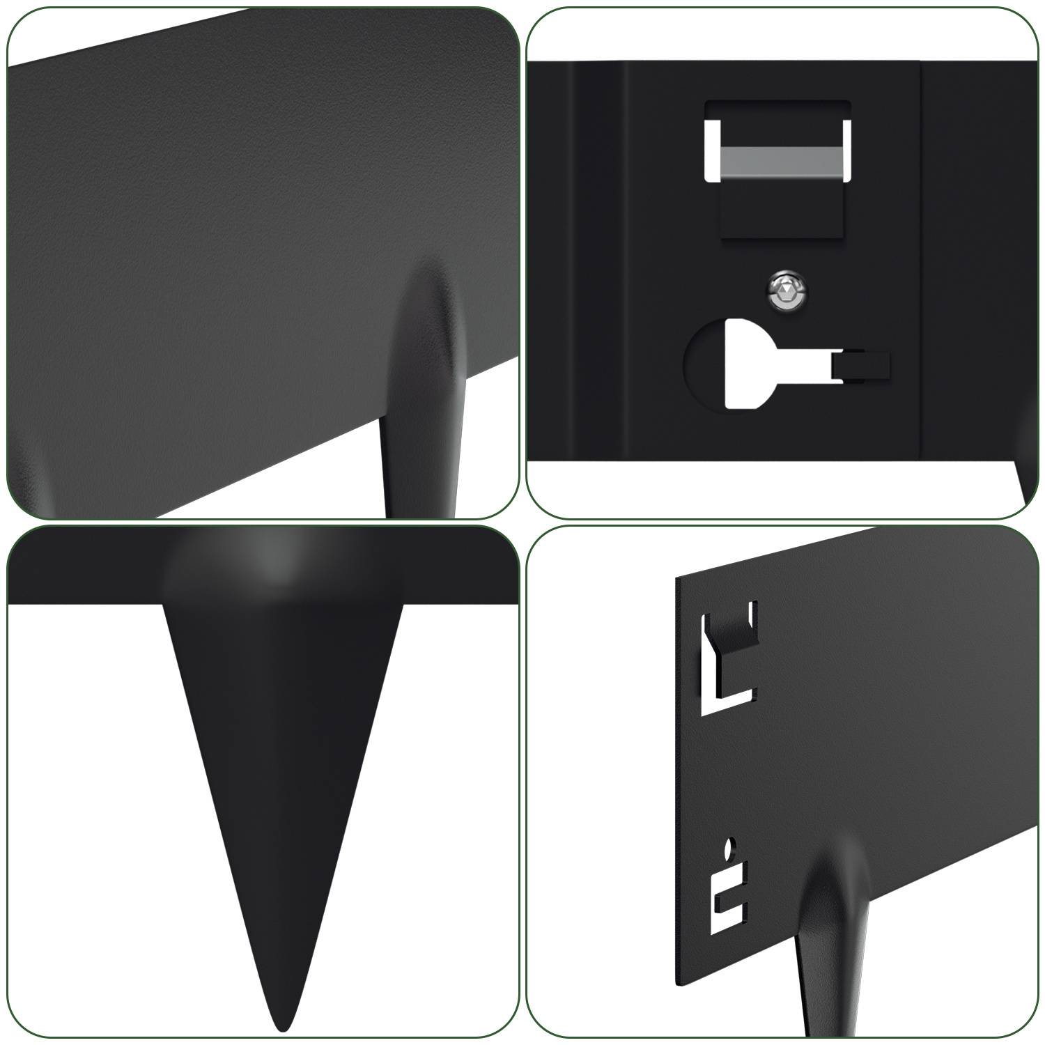 Vier Nahaufnahmen eines schwarzen Zaunelements: obere linke Ecke, integrierter Schließmechanismus, spitzer Pfahl und Befestigungsschlitze.