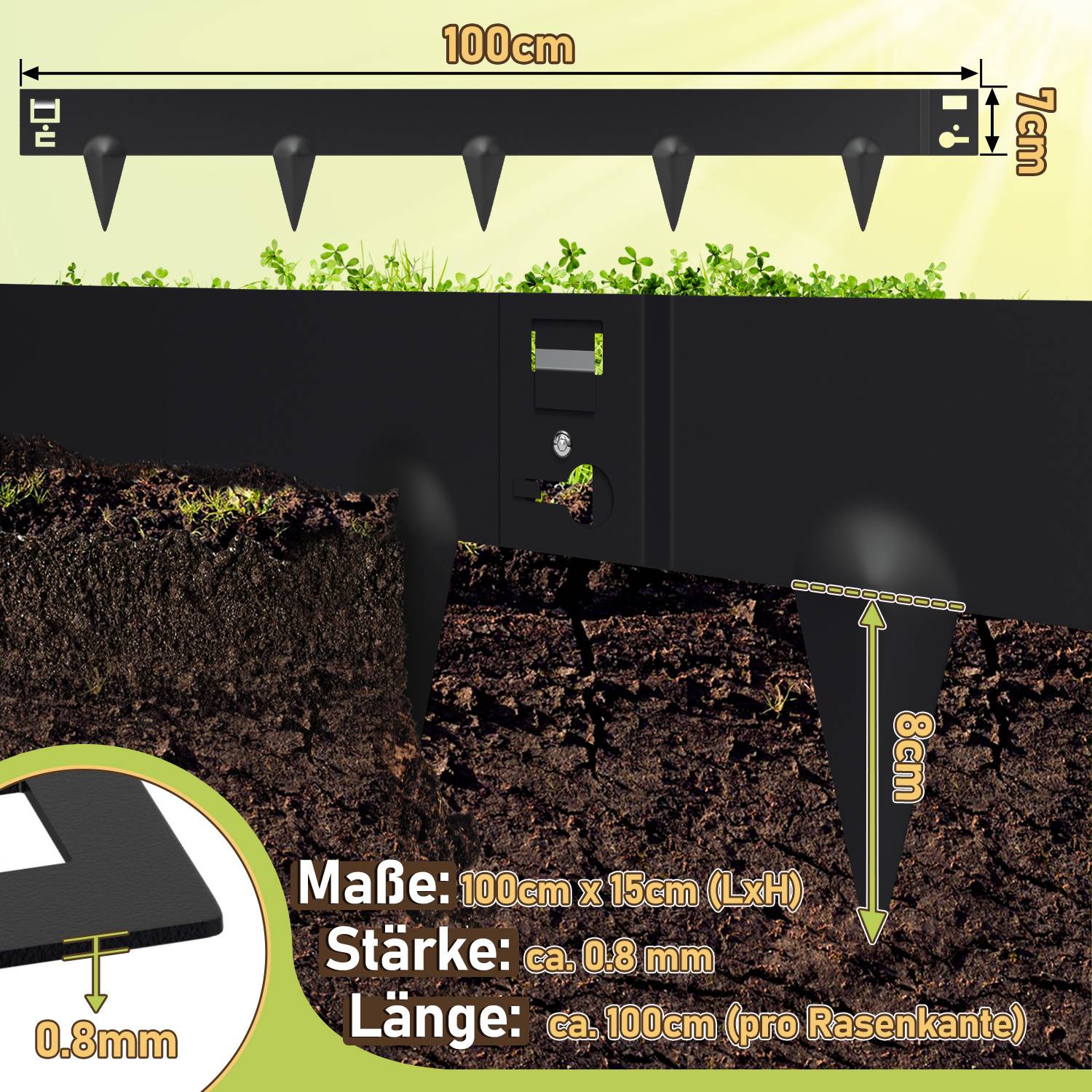 Rasenkante aus Metall, Maße circa 100cm x 15cm (L x H), Stärke 0,8mm, mit acht 8cm Spikes zur Bodenstabilität.