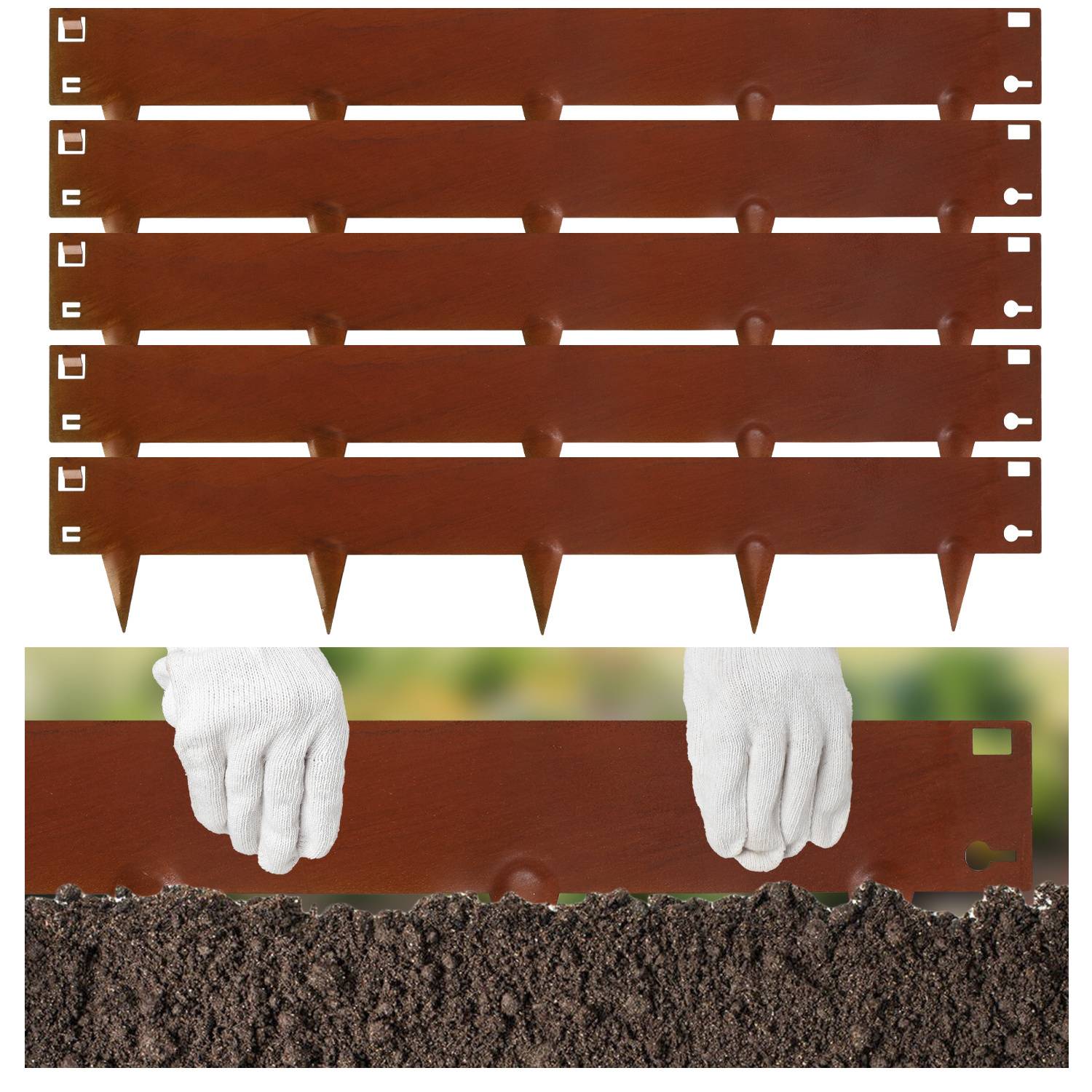 Braune Kunststoff-Gartenumrandung mit ineinandergreifenden Teilen, gezeigt installiert im Boden mit weiß behandschuhten Händen.