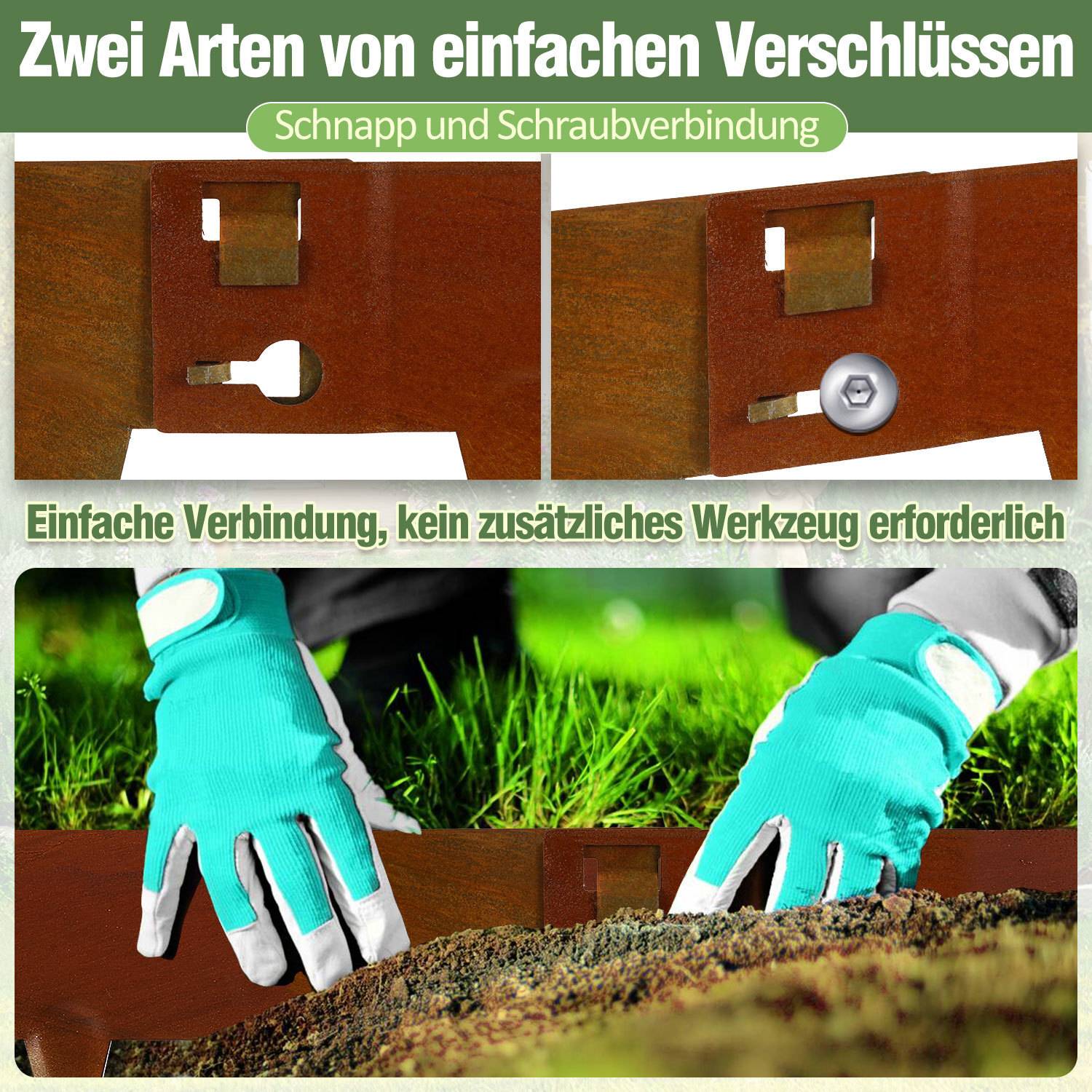 Two types of simple closures: snap and screw connection.' Green gloves demonstrate assembly of a metal bracket into soil. 'Simple connection, no additional tools required.